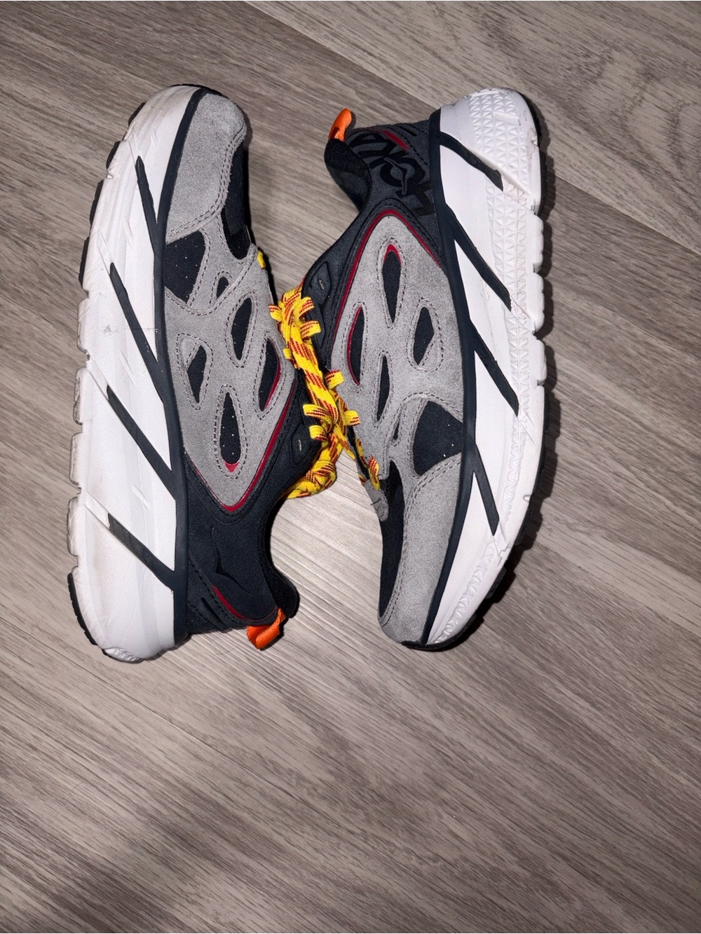 Hoka Gray, Navy & Yellow/Red accent Sneakers with Yellow Laces - Picture 2 of 2